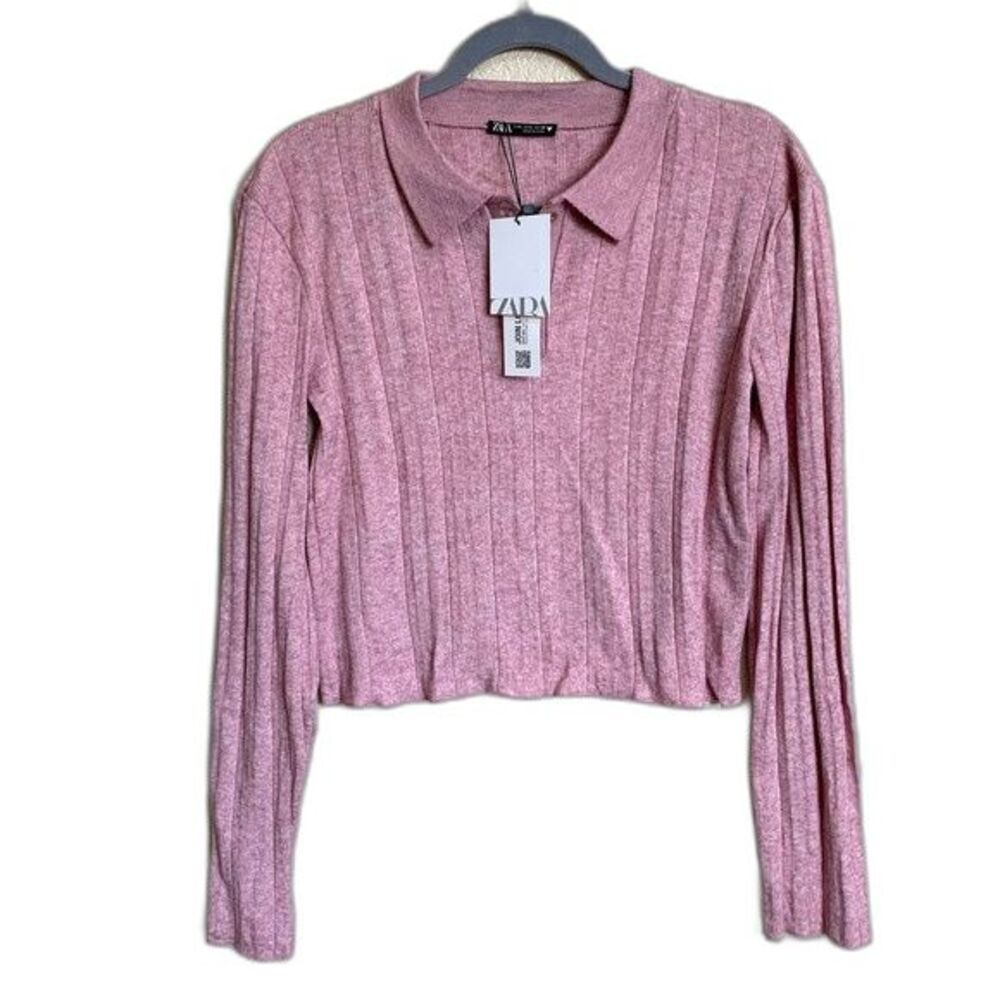 ZARA Light Mauve top women long sleeve collar top with a lettuce hem size S chic